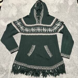 Alpaca Connection Sweater Womens XXL Green Wool Hooded Pullover Fringe Pocket